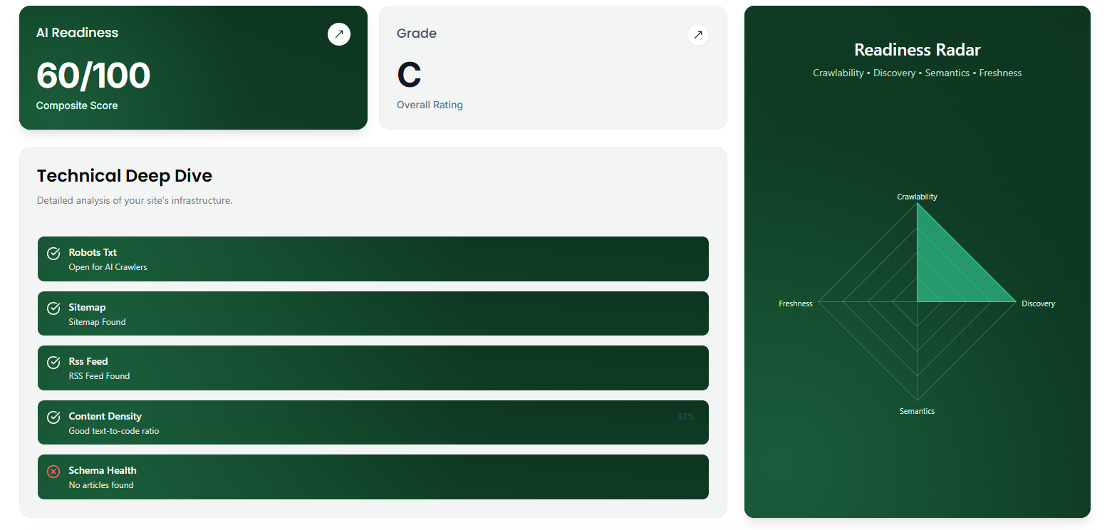 Website Auditor Dashboard showing Pass/Fail checks